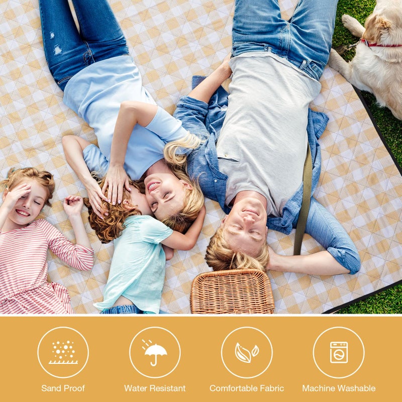 WILLOW WEAVE الصفصاف نسج بطانية نزهة 80''x80'' بطانيات خارجية مقاومة للماء نزهة حصيرة قابلة للغسل لبطانيات نزهة الشاطئ للتخييم على العشب مع حزام الكتف - أصفر وأبيض - Image 5